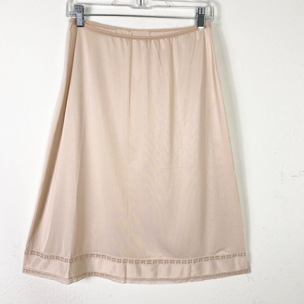 Vintage Gossard Tan Beige Lace Trim A Line Midi Slip Skirt Size M
